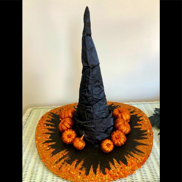 Artisan black pumpkin patch Witch hat Orange sparkles 18" high One of - Picture 15 of 15